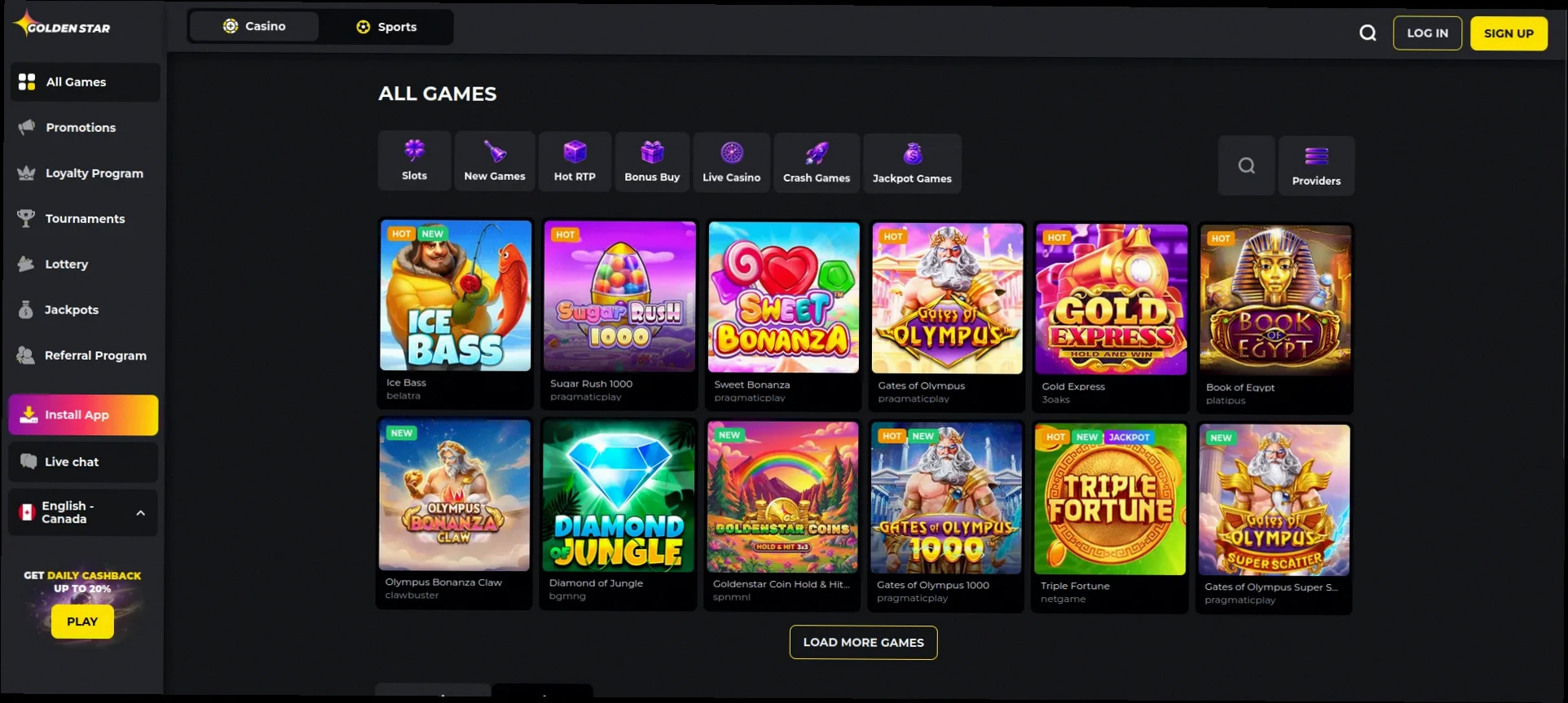 Golden Star Casino 100% up to 1500 CAD + 100 Free Spins